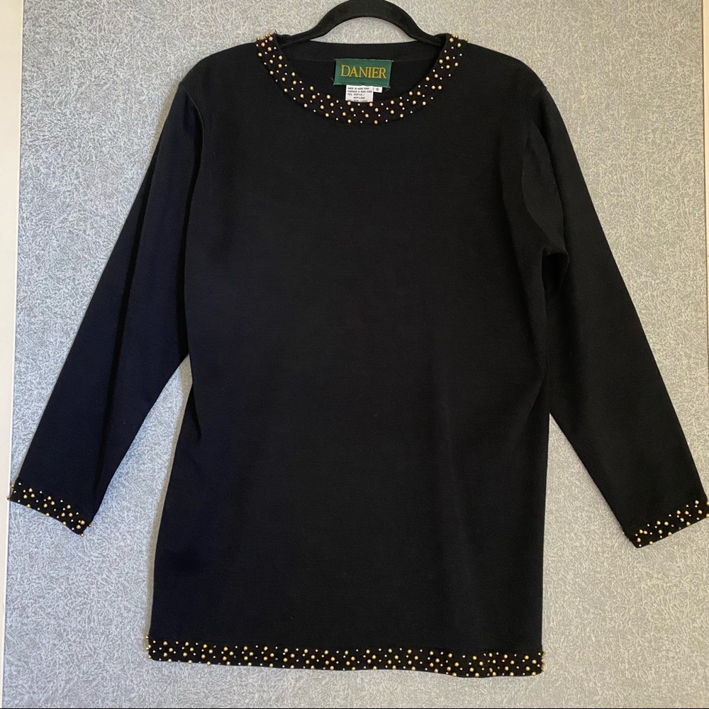 Danier black tunic top gold bead stud trim Vintage Made in Hong Kong